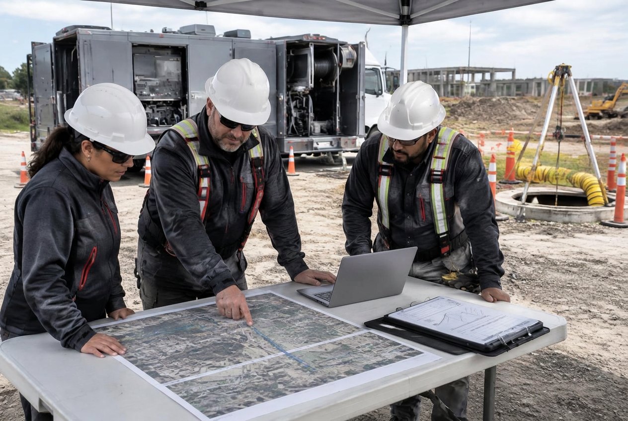 Underground utility professionals reviewing a pipe cleaning report at a Central Texas commercial job site