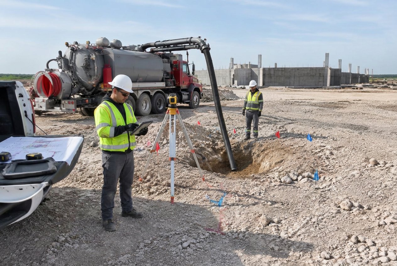 Commercial underground utility crew coordinating pipe cleaning work at a Central Texas construction site